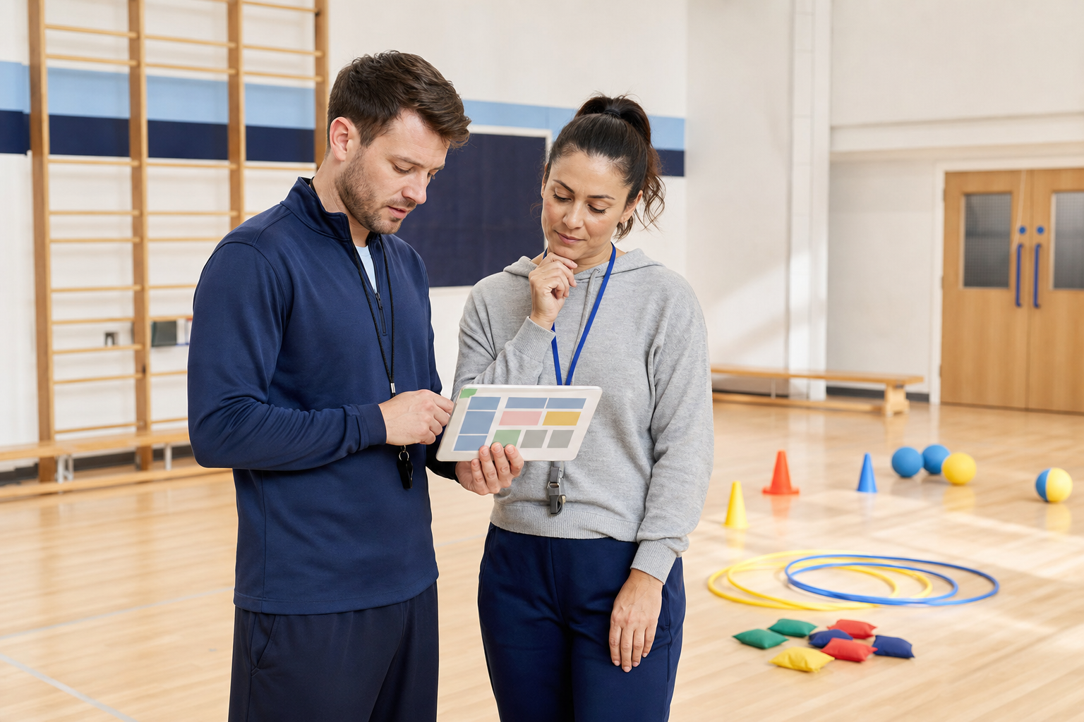 Two primary school teachers reviewing PE curriculum planning in a school sports hall
